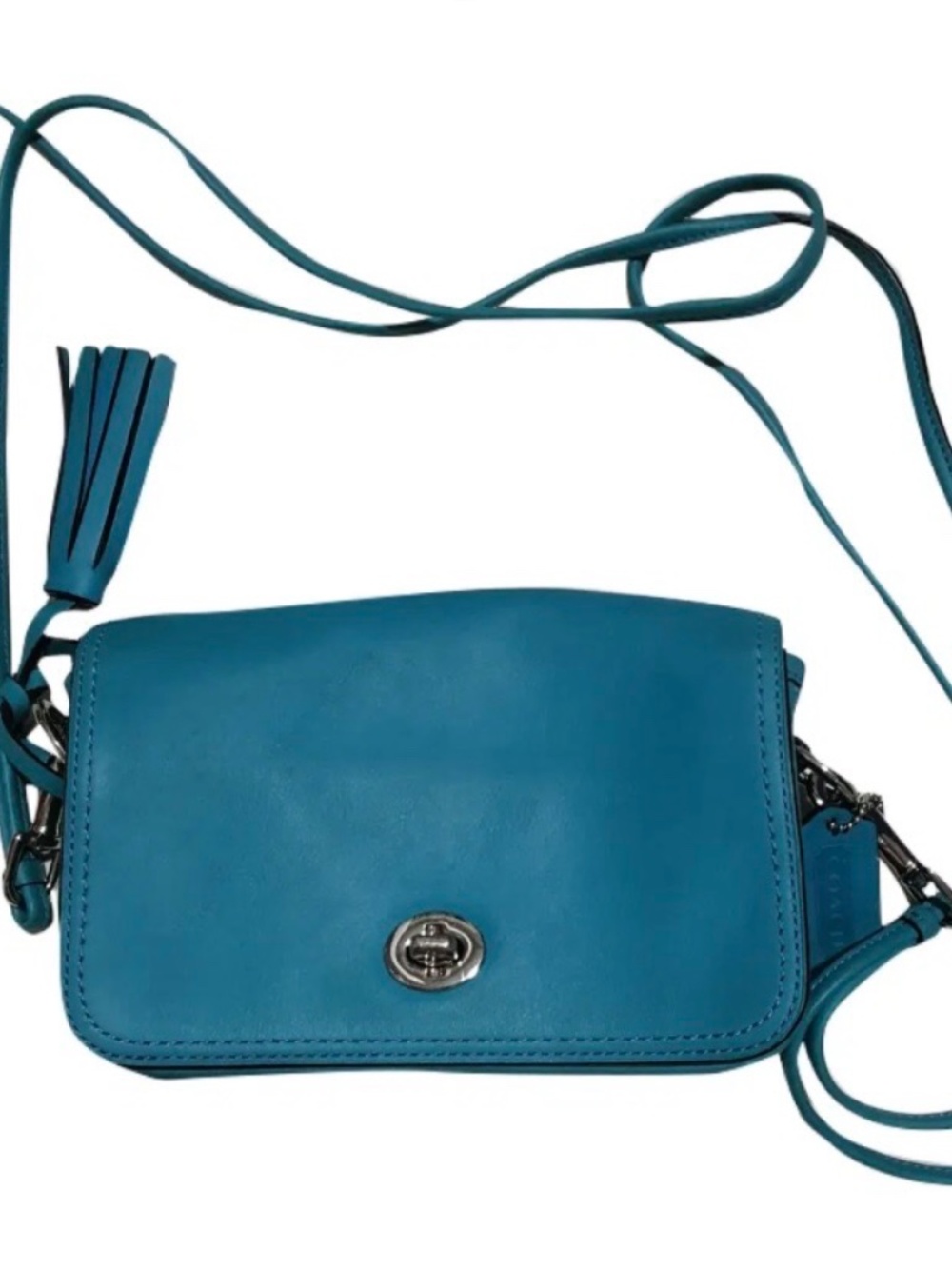 Coach Teal Blue Leather Turnlock Crossbody with double tassels - Picture 11 of 11